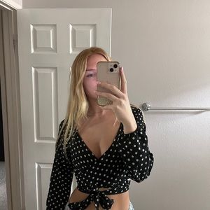 Polka dot cropped long sleeve wrap top